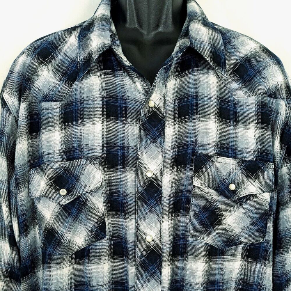 Wrangler Men's XXL Blue Plaid Pearl Snap Lightweight Cotton Flannel Shirt